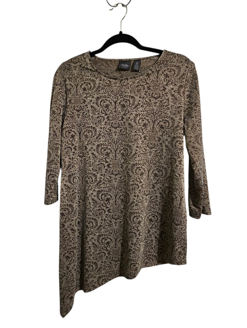 Chicos Travelers Size 0/Small 3/4 Sleeve Asymmetric Hem Brown Gold Stretch Top